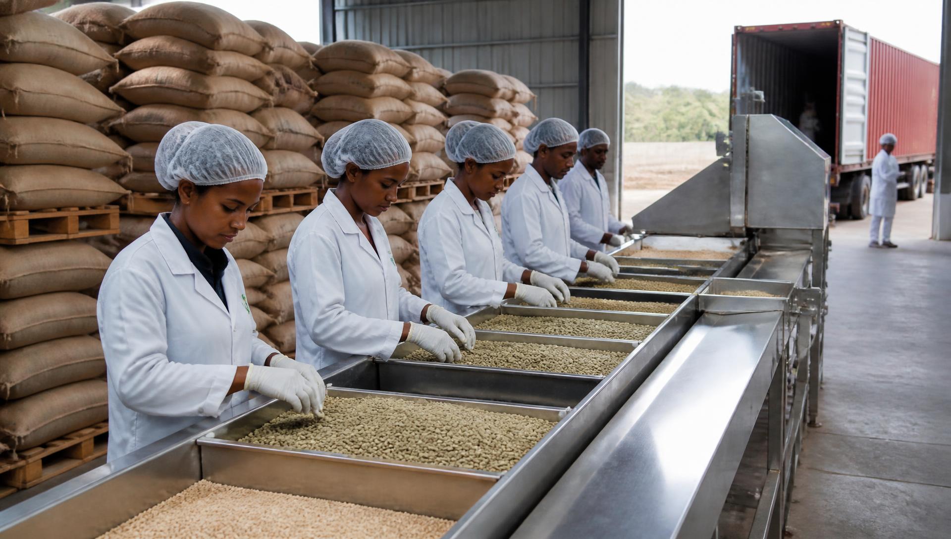 Moderne äthiopische Verarbeitungsanlage mit Qualitätskontrolle und Exportvorbereitung im Lager