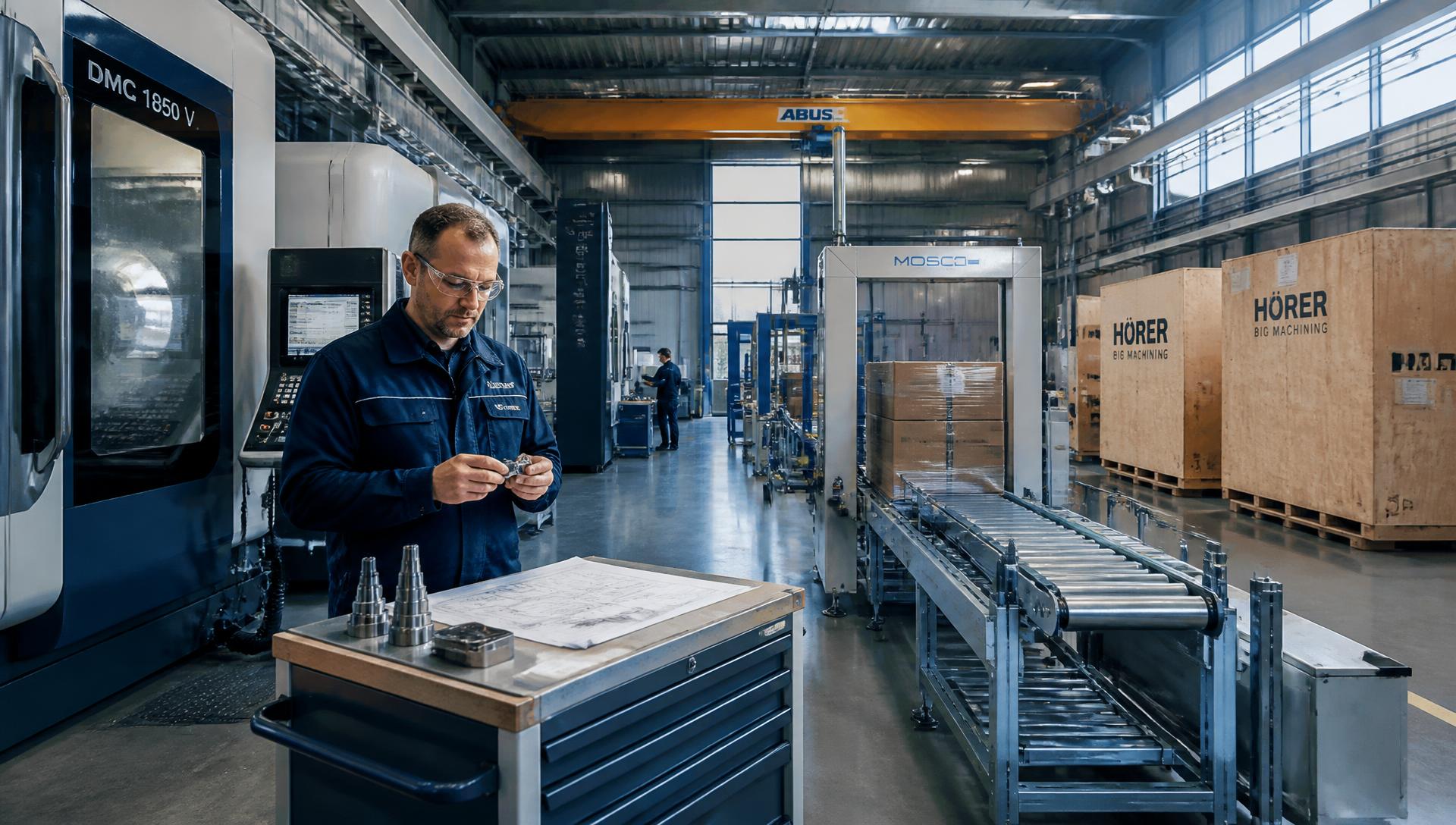 Deutsche Produktionshalle mit CNC-Maschinen und exportfertig verpackter Ausrüstung