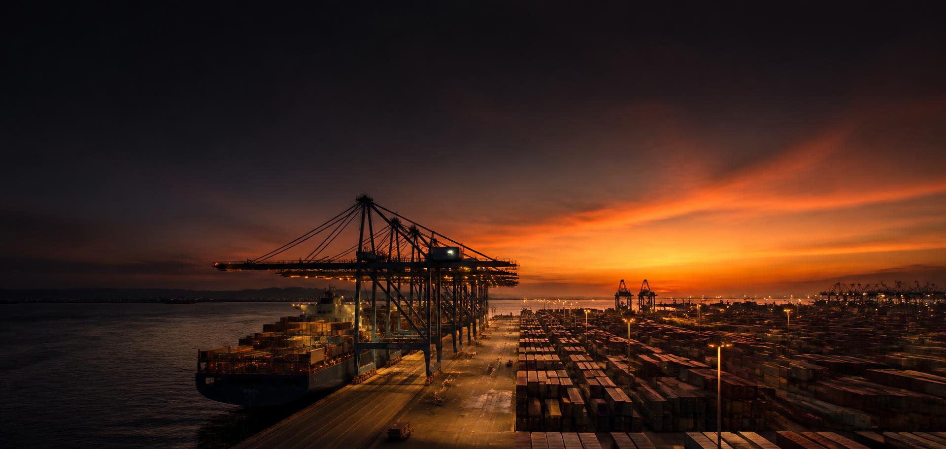 Containerhafen im Abendlicht als Symbol für internationalen Handel