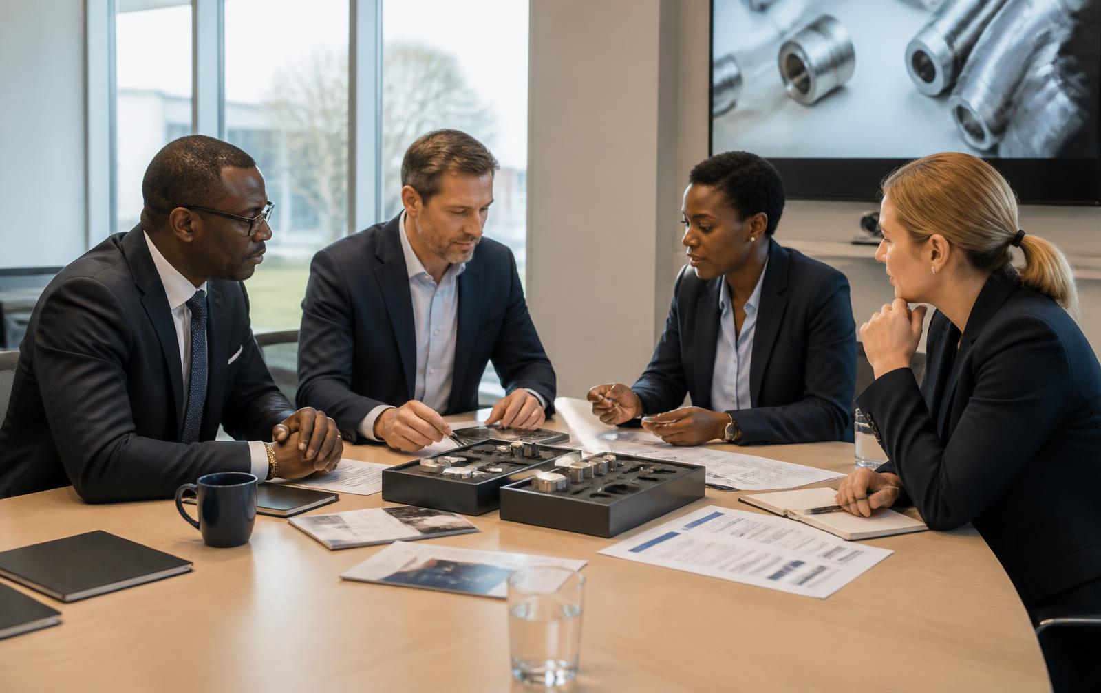 Internationales B2B-Meeting mit Produktmustern und technischen Unterlagen