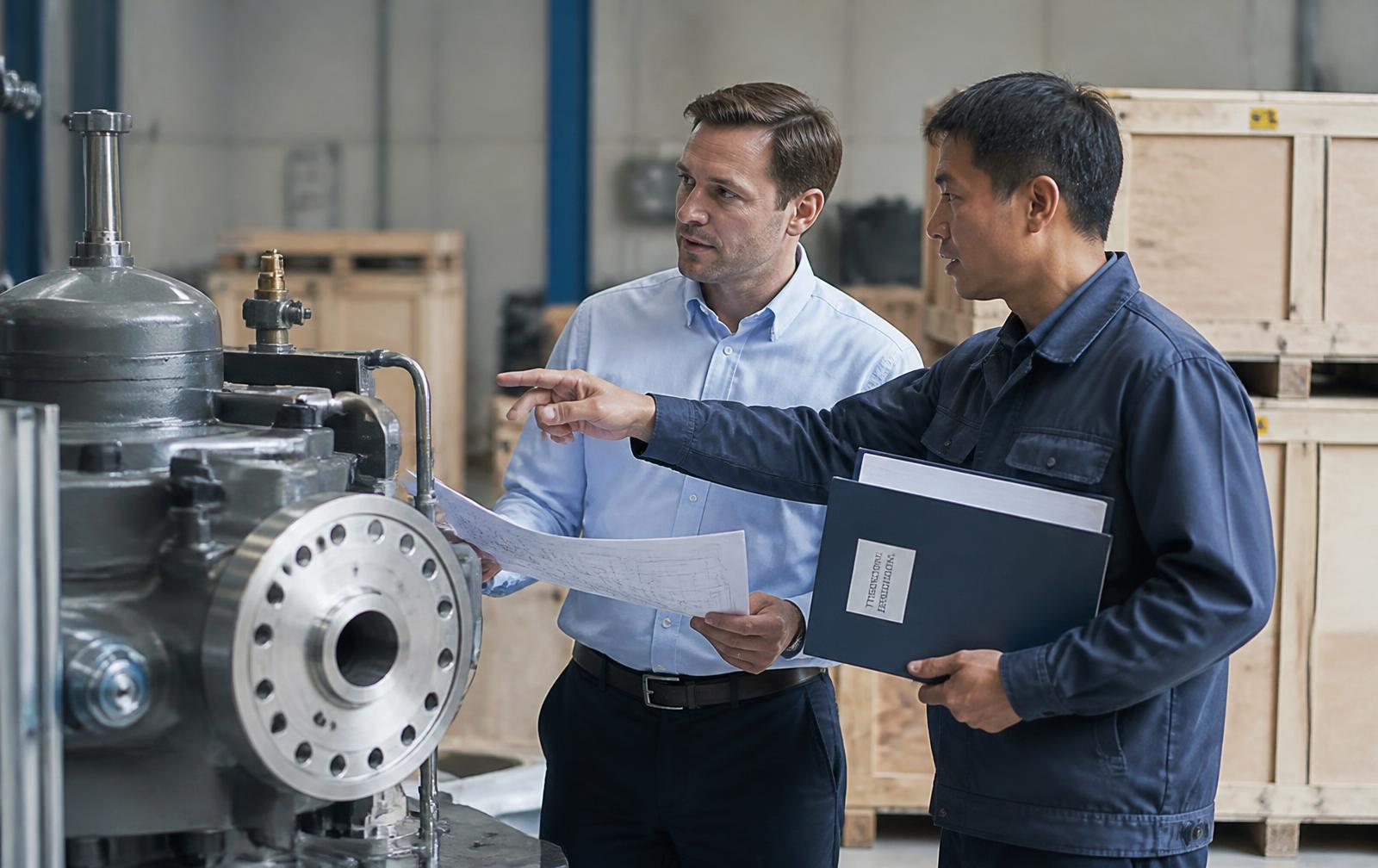 Einkäufer und Ingenieur prüfen eine Industriemaschine anhand technischer Zeichnungen
