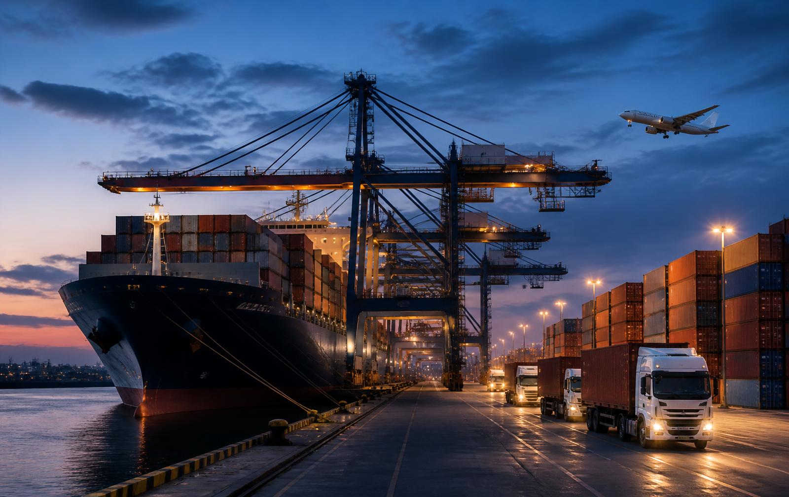 Containerterminal mit Schiff, LKW und Luftfracht in der Abenddämmerung